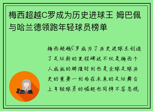 梅西超越C罗成为历史进球王 姆巴佩与哈兰德领跑年轻球员榜单