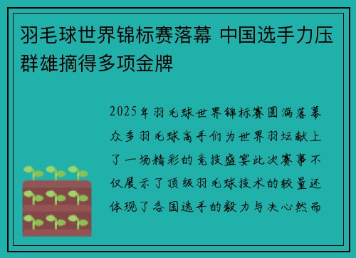 羽毛球世界锦标赛落幕 中国选手力压群雄摘得多项金牌